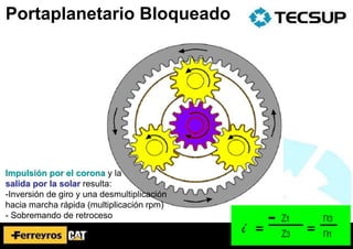 Impulsión por el corona y la
salida por la solar resulta:
-Inversión de giro y una desmultiplicación
hacia marcha rápida (multiplicación rpm)
- Sobremando de retroceso
Portaplanetario Bloqueado
 