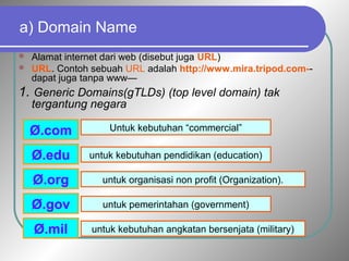 a) Domain Name 
 Alamat internet dari web (disebut juga URL) 
 URL. Contoh sebuah URL adalah http://www.mira.tripod.com-- 
dapat juga tanpa www— 
1. Generic Domains(gTLDs) (top level domain) tak 
tergantung negara 
Ø.com 
Ø.edu 
Ø.org 
Ø.gov 
Ø.mil 
Untuk kebutuhan “commercial” 
untuk kebutuhan pendidikan (education) 
untuk organisasi non profit (Organization). 
untuk pemerintahan (government) 
untuk kebutuhan angkatan bersenjata (military) 
 