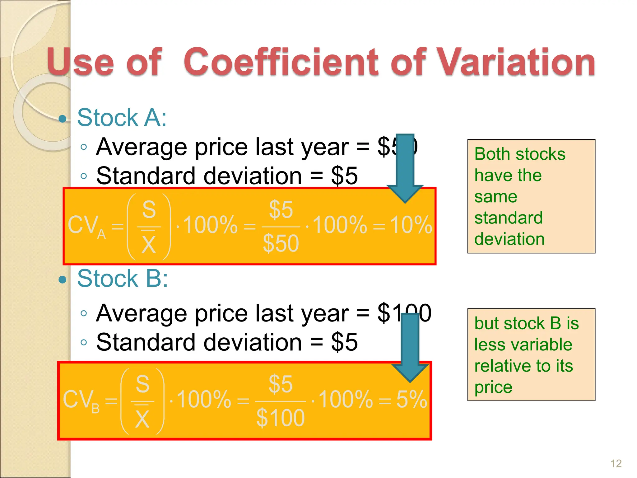 Use of Coefficient of Variation
 Stock A:
◦ Average price last year = $50
◦ Standard deviation = $5
 Stock B:
◦ Average price last year = $100
◦ Standard deviation = $5
12
but stock B is
less variable
relative to its
price
10%
100%
$50
$5
100%
X
S
CVA 












5%
100%
$100
$5
100%
X
S
CVB 












Both stocks
have the
same
standard
deviation
 