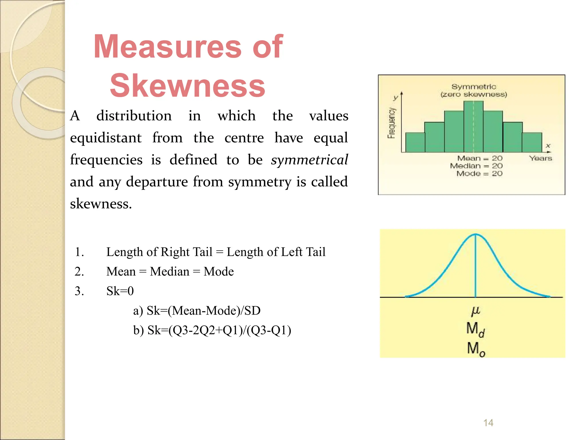 14
A distribution in which the values
equidistant from the centre have equal
frequencies is defined to be symmetrical
and any departure from symmetry is called
skewness.
1. Length of Right Tail = Length of Left Tail
2. Mean = Median = Mode
3. Sk=0
a) Sk=(Mean-Mode)/SD
b) Sk=(Q3-2Q2+Q1)/(Q3-Q1)
Measures of
Skewness
 