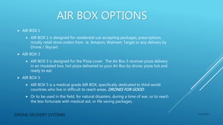 AIR BOX OPTIONS
 AIR BOX 1
 AIR BOX 1 is designed for residential use accepting packages, prescriptions,
mostly retail store orders from ie. Amazon, Walmart, Target or any delivery by
Drone / Skycart.
 AIR BOX 3
 AIR BOX 3 is designed for the Pizza Lover. The Air Box 3 receives pizza delivery
in an insulated box, hot pizza delivered to your Air Box by drone; pizza hot and
ready to eat.
 AIR BOX 5
 AIR BOX 5 is a medical grade AIR BOX, specifically dedicated to third world
countries who live in difficult to reach areas, DRONES FOR GOOD.
 Or to be used in the field, for natural disasters, during a time of war, or to reach
the less fortunate with medical aid, or life saving packages.
DRONE DELIVERY SYSTEMS 1/15/2016
 