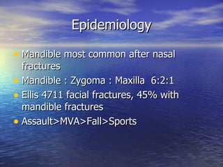 Epidemiology Mandible most common after nasal fractures  Mandible : Zygoma : Maxilla  6:2:1 Ellis 4711 facial fractures, 45% with mandible fractures Assault>MVA>Fall>Sports 