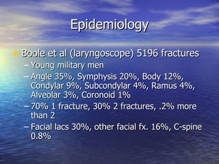 Epidemiology Boole et al (laryngoscope) 5196 fractures Young military men Angle 35%, Symphysis 20%, Body 12%, Condylar 9%, Subcondylar 4%, Ramus 4%, Alveolar 3%, Coronoid 1% 70% 1 fracture, 30% 2 fractures, .2% more than 2  Facial lacs 30%, other facial fx. 16%, C-spine 0.8% 