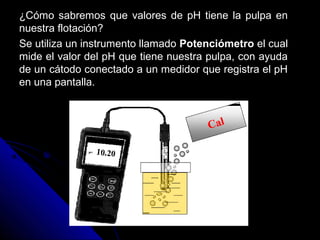 ¿Cómo sabremos que valores de pH tiene la pulpa en¿Cómo sabremos que valores de pH tiene la pulpa en
nuestra flotación?nuestra flotación?
Se utiliza un instrumento llamadoSe utiliza un instrumento llamado PotenciómetroPotenciómetro el cualel cual
mide el valor del pH que tiene nuestra pulpa, con ayudamide el valor del pH que tiene nuestra pulpa, con ayuda
de un cátodo conectado a un medidor que registra el pHde un cátodo conectado a un medidor que registra el pH
en una pantalla.en una pantalla.
 