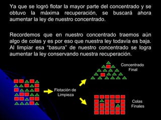 Ya que se logró flotar la mayor parte del concentrado y seYa que se logró flotar la mayor parte del concentrado y se
obtuvo la máxima recuperación, se buscará ahoraobtuvo la máxima recuperación, se buscará ahora
aumentar la ley de nuestro concentrado.aumentar la ley de nuestro concentrado.
Recordemos que en nuestro concentrado traemos aúnRecordemos que en nuestro concentrado traemos aún
algo de colas y es por eso que nuestra ley todavía es baja.algo de colas y es por eso que nuestra ley todavía es baja.
Al limpiar esa “basura” de nuestro concentrado se lograAl limpiar esa “basura” de nuestro concentrado se logra
aumentar la ley conservando nuestra recuperación.aumentar la ley conservando nuestra recuperación.
Flotación de
Limpieza
Concentrado
Final
Colas
Finales
 