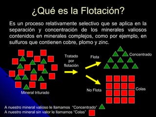 ¿Qué es la Flotación?¿Qué es la Flotación?
Es un proceso relativamente selectivo que se aplica en laEs un proceso relativamente selectivo que se aplica en la
separación y concentración de los minerales valiososseparación y concentración de los minerales valiosos
contenidos en minerales complejos, como por ejemplo, encontenidos en minerales complejos, como por ejemplo, en
sulfuros que contienen cobre, plomo y zinc.sulfuros que contienen cobre, plomo y zinc.
Mineral triturado
Concentrado
Colas
Tratado
por
flotación
Flota
No Flota
A nuestro mineral valioso le llamamos “Concentrado”
A nuestro mineral sin valor le llamamos “Colas”
 