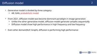 2
Diffusion model
• Generative model is divided by three category
• AR, GAN, probabilistic model
• From 2021, diffusion mo...
