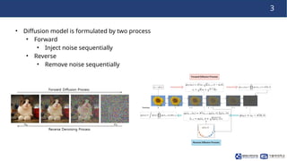 3
• Diffusion model is formulated by two process
• Forward
• Inject noise sequentially
• Reverse
• Remove noise sequential...