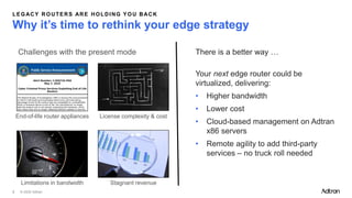 © 2025 Adtran
3
LEGACY ROUTERS ARE HOLDING YOU BACK
Why it’s time to rethink your edge strategy
There is a better way …
Your next edge router could be
virtualized, delivering:
• Higher bandwidth
• Lower cost
• Cloud-based management on Adtran
x86 servers
• Remote agility to add third-party
services – no truck roll needed
Challenges with the present mode
License complexity & cost
End-of-life router appliances
Limitations in bandwidth Stagnant revenue
 