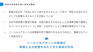 C o p y r i g h t 2 0 2 5 A m e K a z e T a i y o , I n c . 1 2
当 社 が 社 会 性 を 追 い 求 め る 理 由
• 創業の起点が「社会に対して変化を与えること」であり、現在も社会にポジ
ティブな影響を与えることを目指している
• 当社代表高橋の講演や車座、全国行脚などを中心とした非事業活動で獲得し
たソーシャルアセット（ 仲間・つながり）により事業が開発されている
• ソーシャルアセットは単事業年度で獲得できるものではなく、蓄積されてい
く性質を持つ
ソーシャルアセットの蓄積が
事業に正の影響を与えてきた事実が存在
 
