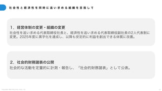 C o p y r i g h t 2 0 2 5 A m e K a z e T a i y o , I n c . 1 3
社 会 性 と 経 済 性 を 同 時 に 追 い 求 め る 組 織 を 目 指 し て
１．経営体制の変更・組織の変更
社会性を追い求める代表取締役社長と、経済性を追い求める代表取締役副社長の2人代表制に
変更。2025年度に黒字化を達成し、以降も安定的に利益を創出できる体質に改善。
２．社会的財務諸表の公開
社会的な活動を定量的に計測・報告し、「社会的財務諸表」として公表。
 
