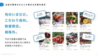 C o p y r i g h t 2 0 2 5 A m e K a z e T a i y o , I n c . 3 0
出 品 が 簡 単 だ か ら こ そ 集 ま る 多 様 な 食 材
今 ま で 流 通 の 過 程 で は
な か な か 出 会 え な い 食 材 と
生 産 者 と の 出 会 い 。
旬のいまだけ。
こだわり食材。
数量限定。
規格外。
直販だからできる
フードレスキュー！
珍しい食材に
出会えます！
丸々1尾を
楽しめます！
冷凍せずに
お届けします！
 