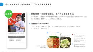 C o p y r i g h t 2 0 2 5 A m e K a z e T a i y o , I n c . 3 3
ポ ケ ッ ト マ ル シ ェ の 利 用 例 （ ブ ラ ン ド 豚 生 産 者 ）
コミュニティ上で消費者と
活発にやり取り
● 新 型 コ ロ ナ の 影 響 を 受 け 、 個 人 向 け 直 販 を 開 始
主な取引先だった飲食店にコロナ禍の影響が直撃し、2020年3月の売り上げが前年比で6割にまで落ち込ん
だ。新たな販路を確保すべく、4月にポケマルに登録した。
● 消 費 者 の 声 が 励 み に
「おいしかった」「頑張ってください」などの励ましの言葉がコミュニティ上で多く寄せられ、
ありがたかったし勇気づけられた。
畜産農家 高橋誠さん （岩手県花巻市）
利 用 デ ー タ
生産者
累計販売高： 約5,200万円
累計販売数： 約7,600回
(2024年2月時点)
 