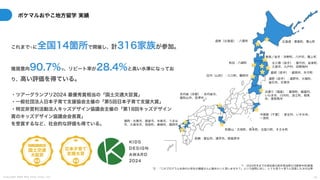 C o p y r i g h t 2 0 2 5 A m e K a z e T a i y o , I n c . 4 4
ポケマルおやこ地方留学 実績
これまで*1に全国14箇所で開催し、計316家族が参加。
推奨意向90.7%*2、リピート率が28.4%と高い水準になってお
り、高い評価を得ている。
・ツアーグランプリ2024 最優秀賞相当の「国土交通大臣賞」
・一般社団法人日本子育て支援協会主催の「第5回日本子育て支援大賞」
・特定非営利活動法人キッズデザイン協議会主催の「第18回キッズデザイン
賞のキッズデザイン協議会会長賞」
を受賞するなど、社会的な評価も得ている。
*1：2024年冬までの参加者の前年参加率316家族中90家族
*2：「このプログラムを他の小学生の親御さんに勧めたいと思いますか？」という設問に対し、とても思う＋思うと回答した方の比率
北海道：厚真町、栗山町
道南（北海道）：八雲町
青森／岩手：洋野町、八戸市、階上町
秋田：八峰町 北三陸（岩手）：普代村、岩泉町、
久慈市、九戸村、田野畑村
盛岡（岩手）：盛岡市、矢巾町
遠野（岩手）：遠野市、大槌町、
釜石市、花巻市
庄内（山形）：三川町、鶴岡市
浜通り（福島）：富岡町、飯舘村、
いわき市、川内村、浪江町、相馬
市、南相馬市
中房総（千葉）：長生村、いすみ市、
一宮町
京丹後（京都）：京丹後市、
福知山市、宮津市
和歌山：太地町、串本町、古座川町、すさみ町
長崎：雲仙市、諫早市、南島原市
福岡：古賀市、朝倉市、糸島市、うきは
市、久留米市、筑前町、東峰村、福岡市
 