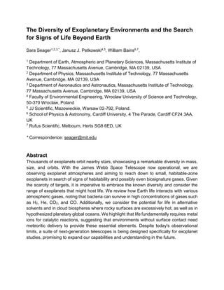 The Diversity of Exoplanetary Environments and the Search
for Signs of Life Beyond Earth
Sara Seager1,2,3,*, Janusz J. Pet...