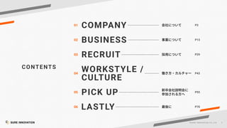 2
©SUR E INNOVATIO N CO.,LTD. 2
©SUR E INNOVATIO N CO.,LTD.
CONTENTS
COMPANY
01 P3
BUSINESS
02 P13
P43
WORKSTYLE /
CULTURE
04
PICK UP
05 P55
LASTLY
06 P70
RECRUIT
03 P29
 