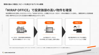 27
©SUR E INNOVATIO N CO.,LTD.
MIRAP OFFICE
AI MIRAP OFFICE AI OCR RPA
OCR Optical Character Recognition
AI
Step 1
AI OCR
Step 2 Step 3
 
