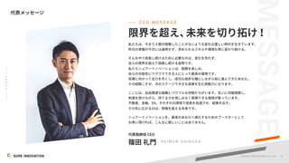 72
©SUR E INNOVATIO N CO.,LTD.
C E O M E S S A G E
CEO
R E I M O N S H I N O D A
DX
翻
 