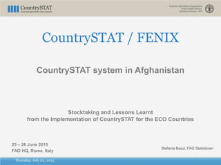 Thursday, July 02, 2015
CountrySTAT / FENIX
CountrySTAT system in Afghanistan
Stocktaking and Lessons Learnt
from the Implementation of CountrySTAT for the ECO Countries
25 – 26 June 2015
FAO HQ, Rome, Italy
Stefania Bacci, FAO Statistician
 
