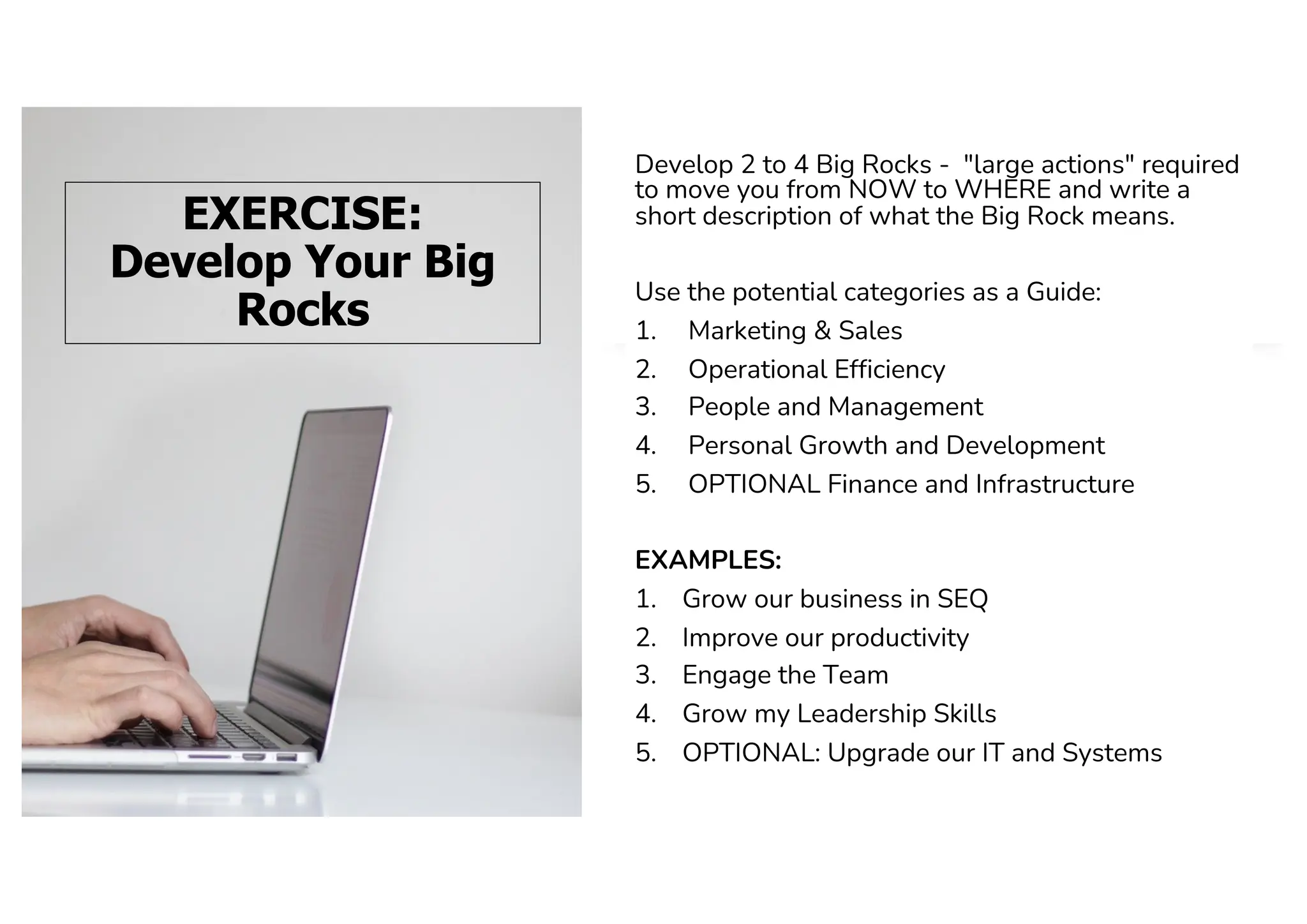 EXERCISE:
Develop Your Big
Rocks
Develop 2 to 4 Big Rocks - "large actions" required
to move you from NOW to WHERE and write a
short description of what the Big Rock means.
Use the potential categories as a Guide:
1. Marketing & Sales
2. Operational Efficiency
3. People and Management
4. Personal Growth and Development
5. OPTIONAL Finance and Infrastructure
EXAMPLES:
1. Grow our business in SEQ
2. Improve our productivity
3. Engage the Team
4. Grow my Leadership Skills
5. OPTIONAL: Upgrade our IT and Systems
 