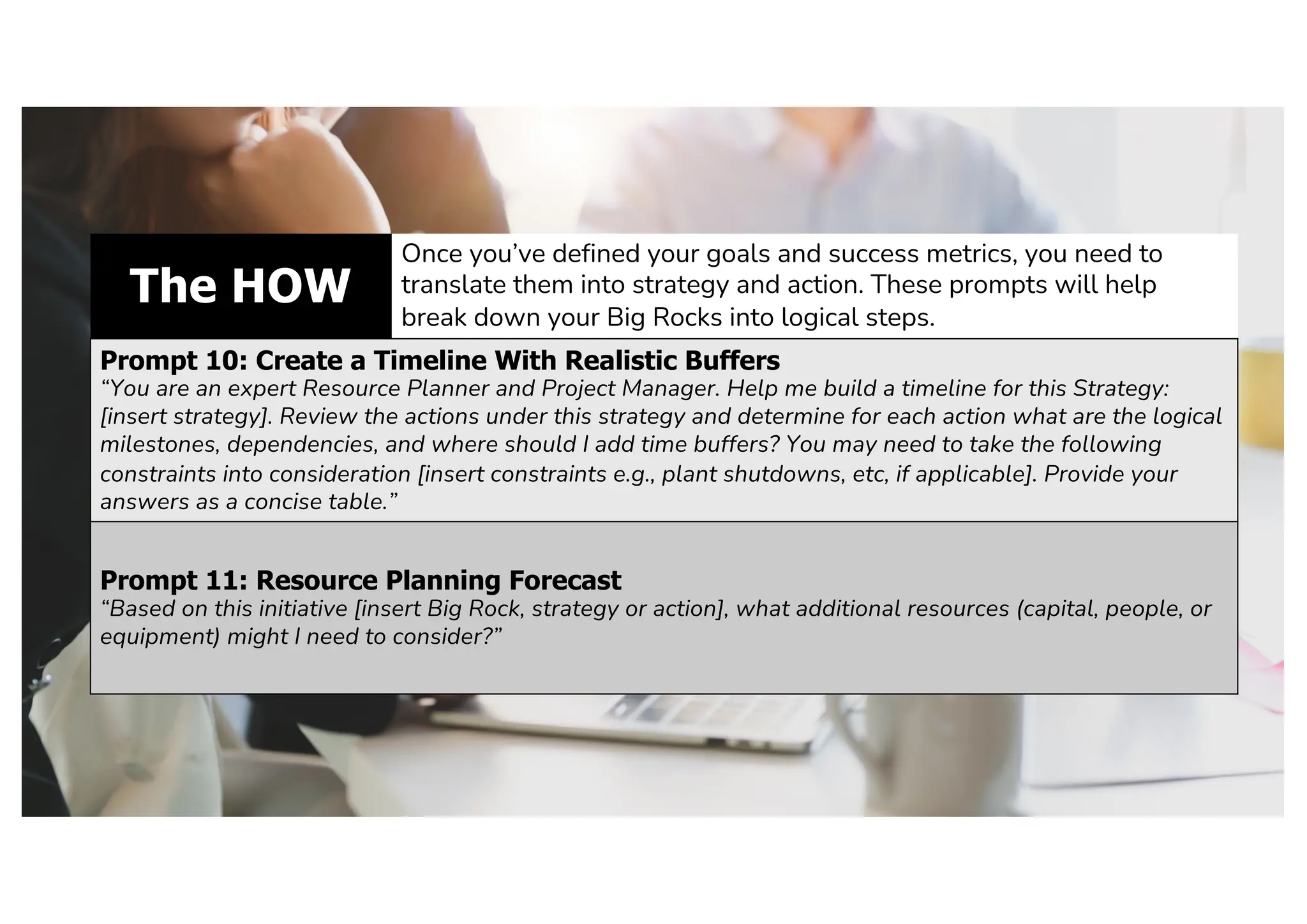 The HOW
Once you’ve defined your goals and success metrics, you need to
translate them into strategy and action. These prompts will help
break down your Big Rocks into logical steps.
Prompt 10: Create a Timeline With Realistic Buffers
“You are an expert Resource Planner and Project Manager. Help me build a timeline for this Strategy:
[insert strategy]. Review the actions under this strategy and determine for each action what are the logical
milestones, dependencies, and where should I add time buffers? You may need to take the following
constraints into consideration [insert constraints e.g., plant shutdowns, etc, if applicable]. Provide your
answers as a concise table.”
Prompt 11: Resource Planning Forecast
“Based on this initiative [insert Big Rock, strategy or action], what additional resources (capital, people, or
equipment) might I need to consider?”
 
