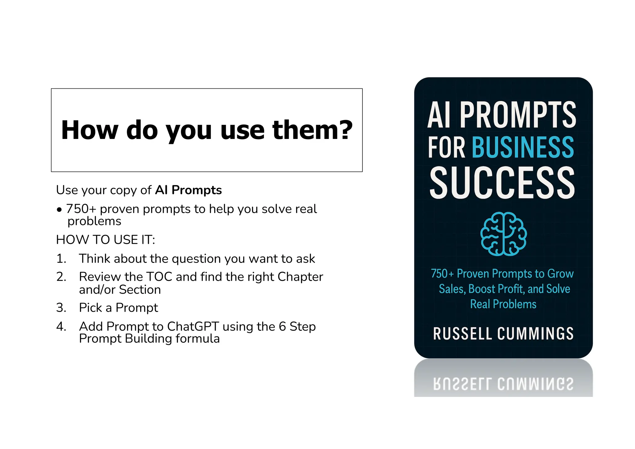 How do you use them?
Use your copy of AI Prompts
• 750+ proven prompts to help you solve real
problems
HOW TO USE IT:
1. Think about the question you want to ask
2. Review the TOC and find the right Chapter
and/or Section
3. Pick a Prompt
4. Add Prompt to ChatGPT using the 6 Step
Prompt Building formula
 
