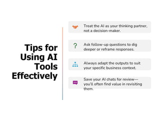 Tips for
Using AI
Tools
Effectively
Treat the AI as your thinking partner,
not a decision-maker.
Ask follow-up questions to dig
deeper or reframe responses.
Always adapt the outputs to suit
your specific business context.
Save your AI chats for review—
you’ll often find value in revisiting
them.
 