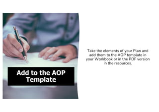 Add to the AOP
Template
Take the elements of your Plan and
add them to the AOP template in
your Workbook or in the PDF version
in the resources.
 