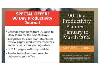 SPECIAL OFFER!
90 Day Productivity
Journal
• Cascade your plans from 90 Days to
Daily Plans for the next 90 Days.
• Templates for each plan, structured
review pages, productivity resources
and articles, 25 supporting videos.
• 362 A5 pages, soft copy, undated
• Available on Amazon.com.au for
delivery to your office
 
