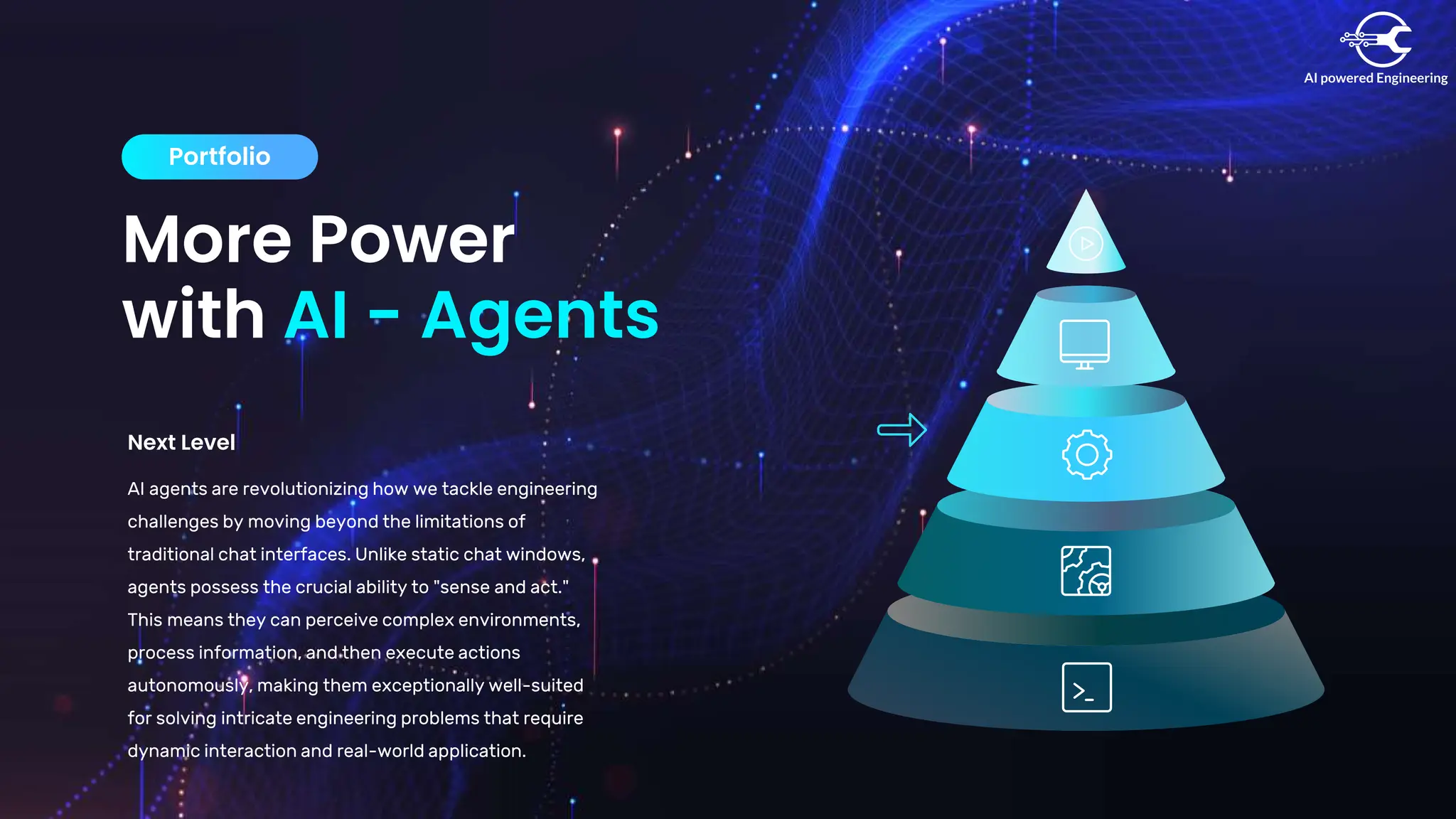 More Power
with AI - Agents
Portfolio
Next Level
AI agents are revolutionizing how we tackle engineering
challenges by moving beyond the limitations of
traditional chat interfaces. Unlike static chat windows,
agents possess the crucial ability to "sense and act."
This means they can perceive complex environments,
process information, and then execute actions
autonomously, making them exceptionally well-suited
for solving intricate engineering problems that require
dynamic interaction and real-world application.
1500+
Project Done
 