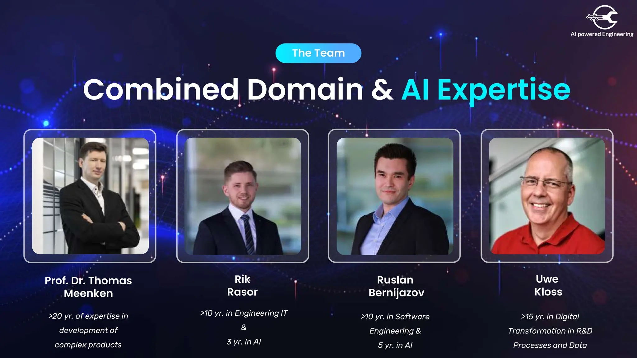 Combined Domain & AI Expertise
The Team
Prof. Dr. Thomas
Meenken
>20 yr. of expertise in
development of
complex products
Rik
Rasor
>10 yr. in Engineering IT
&
3 yr. in AI
Ruslan
Bernijazov
>10 yr. in Software
Engineering &
5 yr. in AI
Uwe
Kloss
>15 yr. in Digital
Transformation in R&D
Processes and Data
 