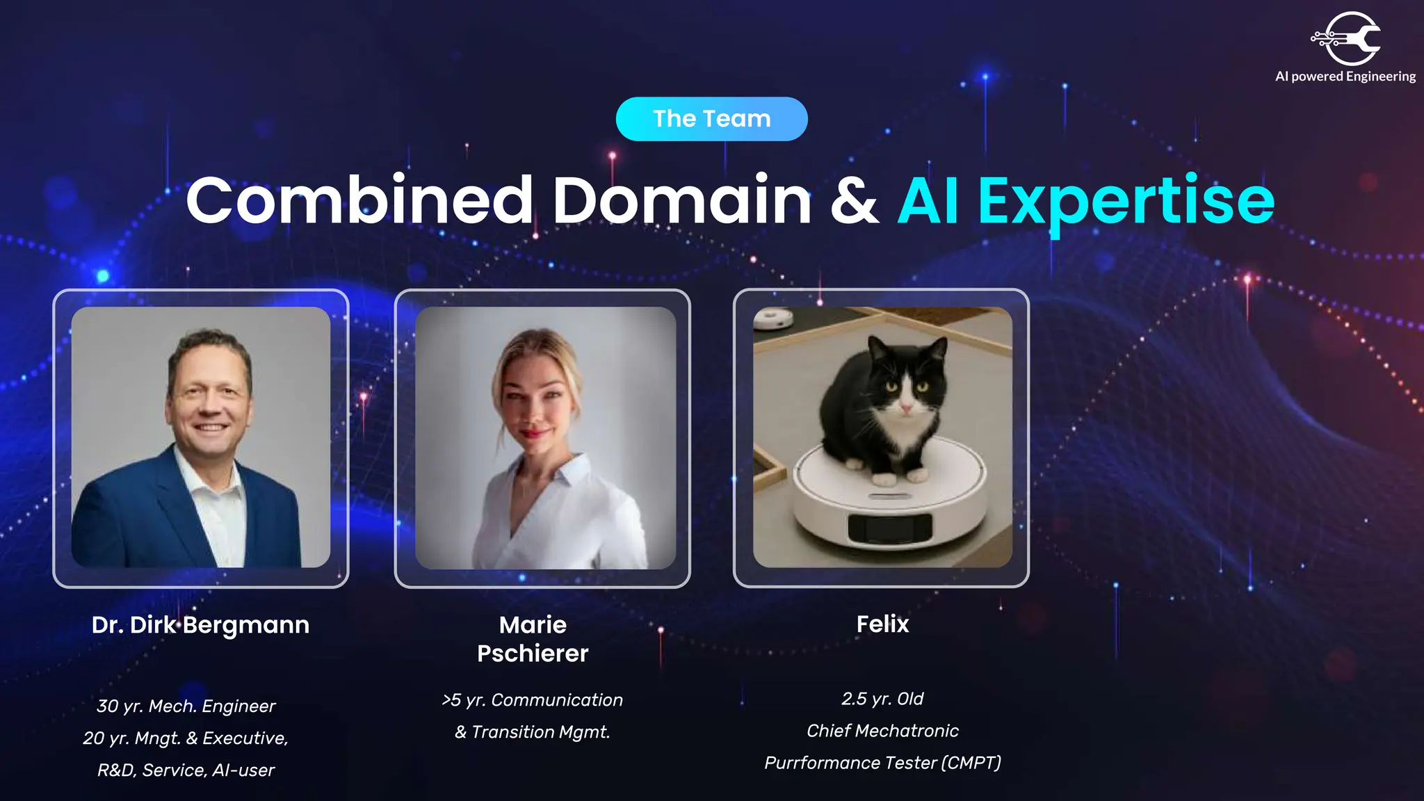Combined Domain & AI Expertise
The Team
Marie
Pschierer
>5 yr. Communication
& Transition Mgmt.
Felix
2.5 yr. Old
Chief Mechatronic
Purrformance Tester (CMPT)
Dr. Dirk Bergmann
30 yr. Mech. Engineer
20 yr. Mngt. & Executive,
R&D, Service, AI-user
 