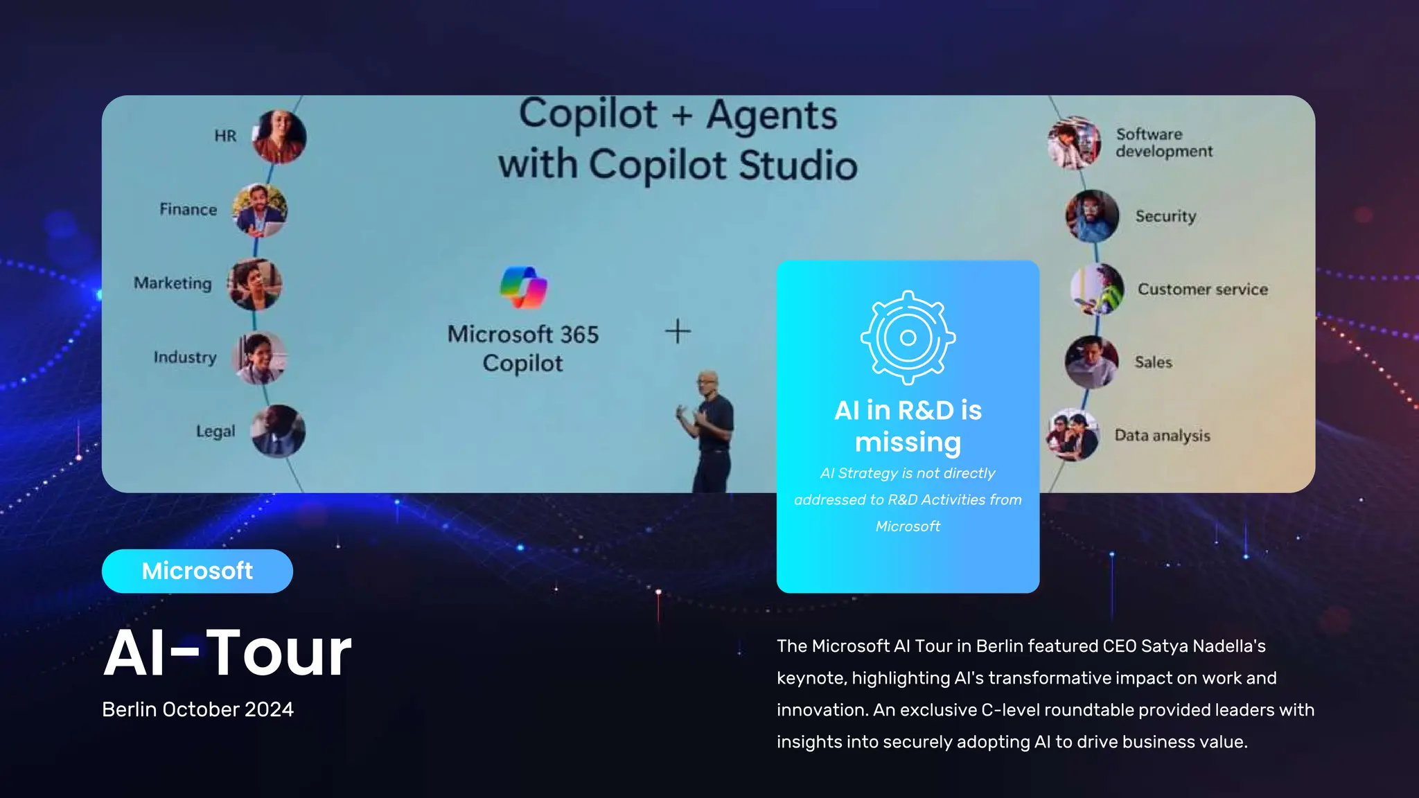 AI-Tour
Microsoft
The Microsoft AI Tour in Berlin featured CEO Satya Nadella's
keynote, highlighting AI's transformative impact on work and
innovation. An exclusive C-level roundtable provided leaders with
insights into securely adopting AI to drive business value.
AI in R&D is
missing
AI Strategy is not directly
addressed to R&D Activities from
Microsoft
Berlin October 2024
 