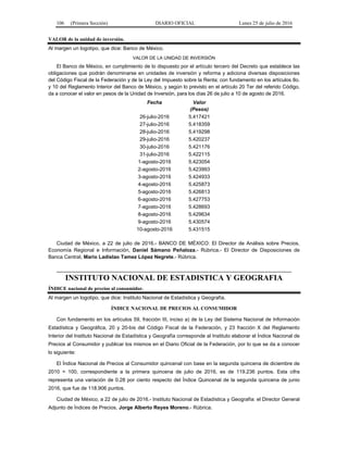 106 (Primera Sección) DIARIO OFICIAL Lunes 25 de julio de 2016
VALOR de la unidad de inversión.
Al margen un logotipo, que dice: Banco de México.
VALOR DE LA UNIDAD DE INVERSIÓN
El Banco de México, en cumplimiento de lo dispuesto por el artículo tercero del Decreto que establece las
obligaciones que podrán denominarse en unidades de inversión y reforma y adiciona diversas disposiciones
del Código Fiscal de la Federación y de la Ley del Impuesto sobre la Renta; con fundamento en los artículos 8o.
y 10 del Reglamento Interior del Banco de México, y según lo previsto en el artículo 20 Ter del referido Código,
da a conocer el valor en pesos de la Unidad de Inversión, para los días 26 de julio a 10 de agosto de 2016.
Fecha Valor
(Pesos)
26-julio-2016 5.417421
27-julio-2016 5.418359
28-julio-2016 5.419298
29-julio-2016 5.420237
30-julio-2016 5.421176
31-julio-2016 5.422115
1-agosto-2016 5.423054
2-agosto-2016 5.423993
3-agosto-2016 5.424933
4-agosto-2016 5.425873
5-agosto-2016 5.426813
6-agosto-2016 5.427753
7-agosto-2016 5.428693
8-agosto-2016 5.429634
9-agosto-2016 5.430574
10-agosto-2016 5.431515
Ciudad de México, a 22 de julio de 2016.- BANCO DE MÉXICO: El Director de Análisis sobre Precios,
Economía Regional e Información, Daniel Sámano Peñaloza.- Rúbrica.- El Director de Disposiciones de
Banca Central, Mario Ladislao Tamez López Negrete.- Rúbrica.
INSTITUTO NACIONAL DE ESTADISTICA Y GEOGRAFIA
ÍNDICE nacional de precios al consumidor.
Al margen un logotipo, que dice: Instituto Nacional de Estadística y Geografía.
ÍNDICE NACIONAL DE PRECIOS AL CONSUMIDOR
Con fundamento en los artículos 59, fracción III, inciso a) de la Ley del Sistema Nacional de Información
Estadística y Geográfica, 20 y 20-bis del Código Fiscal de la Federación, y 23 fracción X del Reglamento
Interior del Instituto Nacional de Estadística y Geografía corresponde al Instituto elaborar el Índice Nacional de
Precios al Consumidor y publicar los mismos en el Diario Oficial de la Federación, por lo que se da a conocer
lo siguiente:
El Índice Nacional de Precios al Consumidor quincenal con base en la segunda quincena de diciembre de
2010 = 100, correspondiente a la primera quincena de julio de 2016, es de 119.236 puntos. Esta cifra
representa una variación de 0.28 por ciento respecto del Índice Quincenal de la segunda quincena de junio
2016, que fue de 118.906 puntos.
Ciudad de México, a 22 de julio de 2016.- Instituto Nacional de Estadística y Geografía: el Director General
Adjunto de Índices de Precios, Jorge Alberto Reyes Moreno.- Rúbrica.
 
