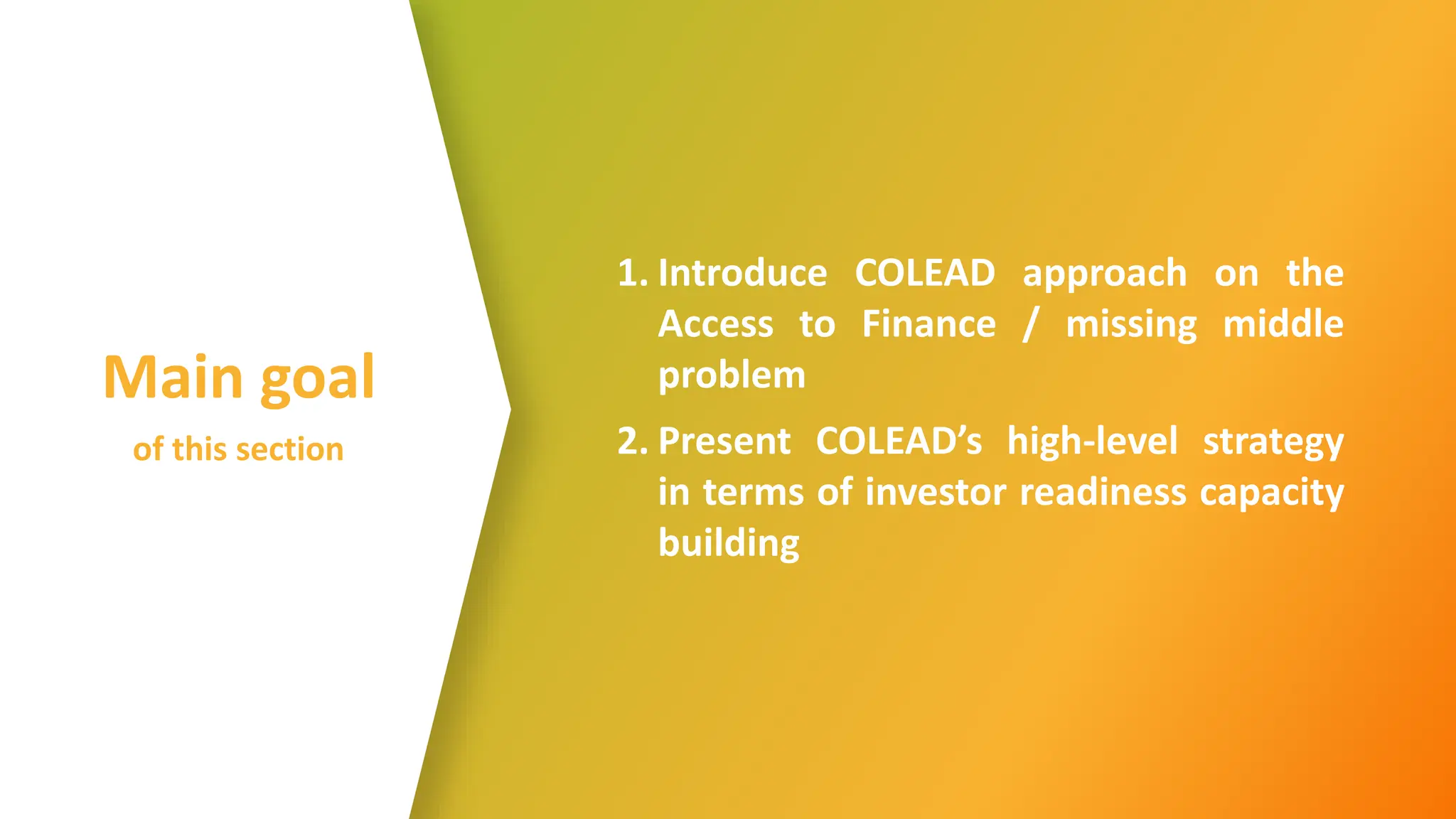 Main goal
of this section
1. Introduce COLEAD approach on the
Access to Finance / missing middle
problem
2. Present COLEAD’s high-level strategy
in terms of investor readiness capacity
building
 