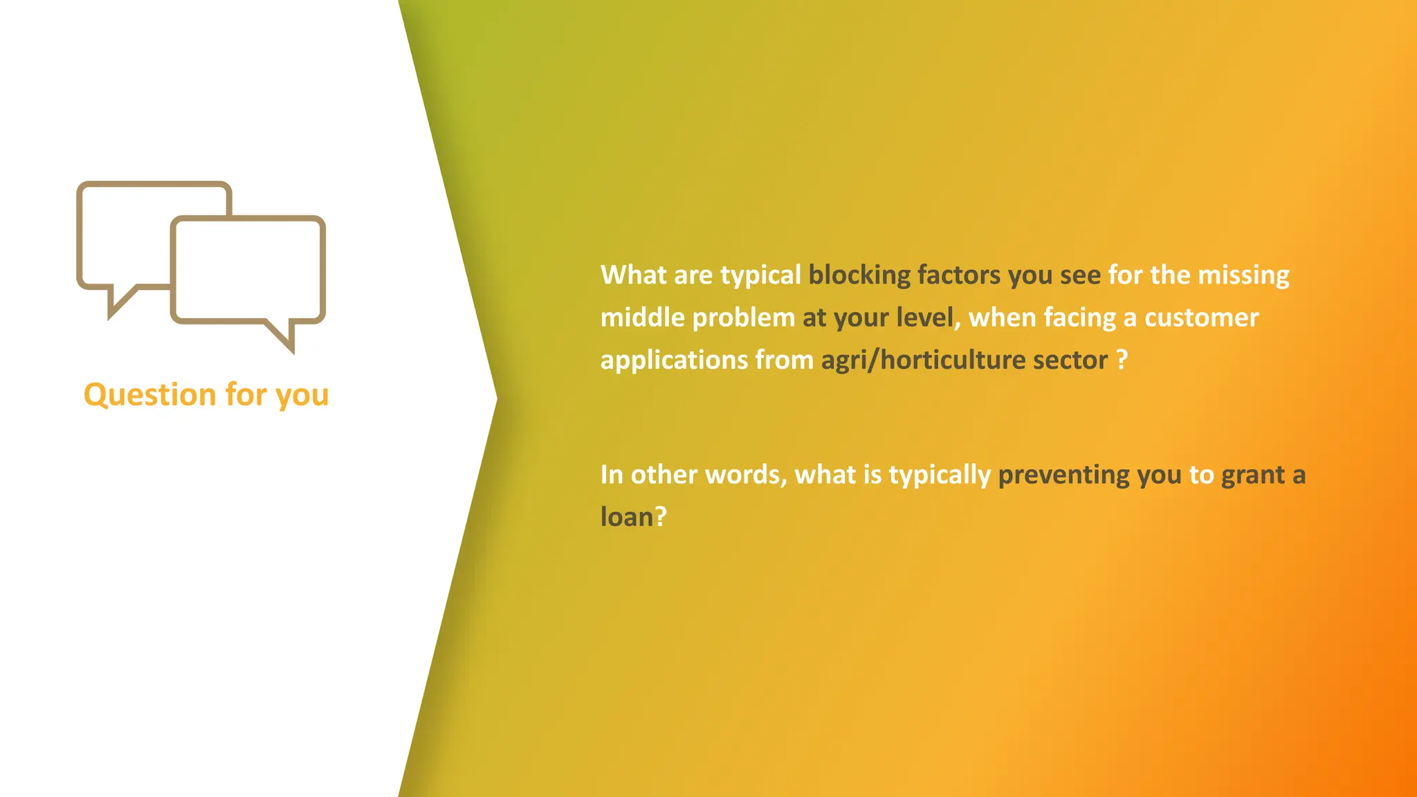 Question for you
What are typical blocking factors you see for the missing
middle problem at your level, when facing a customer
applications from agri/horticulture sector ?
In other words, what is typically preventing you to grant a
loan?
 