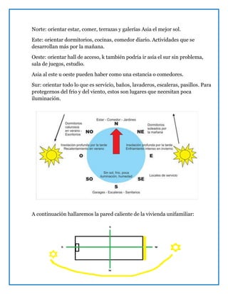 Norte: orientar estar, comer, terrazas y galerías Asia el mejor sol.
Este: orientar dormitorios, cocinas, comedor diario. Actividades que se
desarrollan más por la mañana.
Oeste: orientar hall de acceso, k también podría ir asía el sur sin problema,
sala de juegos, estudio.
Asia al este u oeste pueden haber como una estancia o comedores.
Sur: orientar todo lo que es servicio, baños, lavaderos, escaleras, pasillos. Para
protegernos del frio y del viento, estos son lugares que necesitan poca
iluminación.
A continuación hallaremos la pared caliente de la vivienda unifamiliar:
 