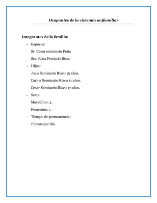 Ocupantes de la vivienda unifamiliar
Integrantes de la familia:
- Esposos:
Sr. Cesar seminario Peña
Sra. Rosa Preciado Risco
- Hijos:
Juan Seminario Risco 15 años.
Carlos Seminario Risco 11 años.
Cesar Seminario Risco 17 años.
- Sexo:
Masculino: 4.
Femenino: 1.
- Tiempo de permanencia:
7 horas por día.
 