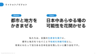 C o p y r i g h t 2 0 2 5 A m e K a z e T a i y o , I n c . 4
ミ ッ シ ョ ン ／ ビ ジ ョ ン
私 た ち は 、 全 国 の 生 産 者 を 媒 介 に 、
都 市 と 地 方 を つ な ぐ こ と で 地 域 を 持 続 可 能 に し 、
将 来 に わ た っ て 活 力 あ る 日 本 社 会 を 残 し た い と 願 う 会 社 で す 。
都市と地方を
かきまぜる
日本中あらゆる場の
可能性を花開かせる
Mission Vision
 