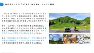 C o p y r i g h t 2 0 2 5 A m e K a z e T a i y o , I n c . 4 7
旅 行 予 約 サ イ ト 「 S T A Y J A P A N 」 サ ー ビ ス 概 要
「 S T A Y J A P A N 」 は 「 知 ら な い 日 本 に 泊 ま っ て み よ
う 」 を コ ン セ プ ト に 全 国 各 地 の 民 泊 、 農 泊 、 別 荘 泊 、
古 民 家 泊 、 寺 泊 、 城 泊 な ど そ の 地 域 な ら で は の 個 性 的
な 宿 泊 施 設 を 約 1 , 0 0 0 件 掲 載 し て い る 旅 行 予 約 サ イ ト 。
本 サ ー ビ ス で は 、 利 用 者 が 地 方 の 農 山 漁 村 に 宿 泊 し 、
地 域 資 源 を 観 光 コ ン テ ン ツ と し て 活 用 し た 多 様 な 体 験
を 通 じ て 地 域 住 民 と の 関 係 を 構 築 す る こ と で 、 地 域 の
所 得 向 上 お よ び 関 係 人 口 の 創 出 に 寄 与 し て い る 。
ま た 、 訪 日 外 国 人 旅 行 客 に 対 し て 、 日 本 全 国 の 生 産 現
場 を 旅 の 目 的 地 と し た プ ロ グ ラ ム を 提 供 す る こ と で 、
日 本 の 地 方 の 魅 力 を 体 験 す る 機 会 を 新 た に 創 出 。
城泊
寺泊 合掌造泊
 