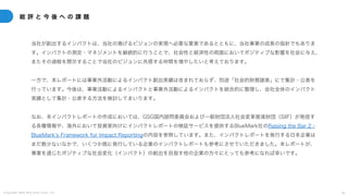 C o p y r i g h t 2 0 2 5 A m e K a z e T a i y o , I n c . 5 0
総 評 と 今 後 へ の 課 題
当社が創出するインパクトは、当社の掲げるビジョンの実現へ必要な要素であるとともに、当社事業の成長の指針でもありま
す。インパクトの測定・マネジメントを継続的に行うことで、社会性と経済性の両面においてポジティブな影響を社会に与え、
またその過程を開示することで当社のビジョンに共感する仲間を増やしたいと考えております。
一方で、本レポートには事業外活動によるインパクト創出実績は含まれておらず、別途「社会的財務諸表」にて集計・公表を
行っています。今後は、事業活動によるインパクトと事業外活動によるインパクトを統合的に整理し、会社全体のインパクト
実績として集計・公表する方法を検討してまいります。
なお、本インパクトレポートの作成においては、GSG国内諮問委員会および一般財団法人社会変革推進財団（SIIF）が発信す
る各種情報や、海外において投資家向けにインパクトレポートの検証サービスを提供するBlueMark社のRaising the Bar 2 -
BlueMarkʻs Framework for Impact Reportingの内容を参照しています。また、インパクトレポートを発行する日本企業は
まだ数少ないなかで、いくつか既に発行している企業のインパクトレポートも参考にさせていただきました。本レポートが、
事業を通じたポジティブな社会変化（インパクト）の創出を目指す他の企業の方々にとっても参考になれば幸いです。
 