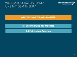 10
WARUM BESCHÄFTIGEN WIR
UNS MIT DEM THEMA?
DREI GRÜNDE FÜR DAS WARUM!
1.) Veränderung des Marktes
2.) Politischer Rahmen
 