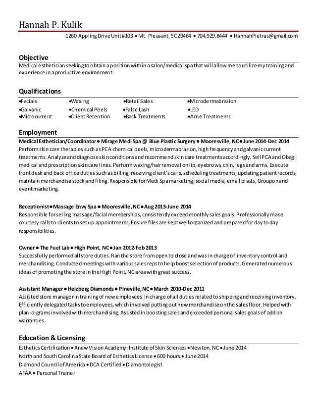 An estheticians resume