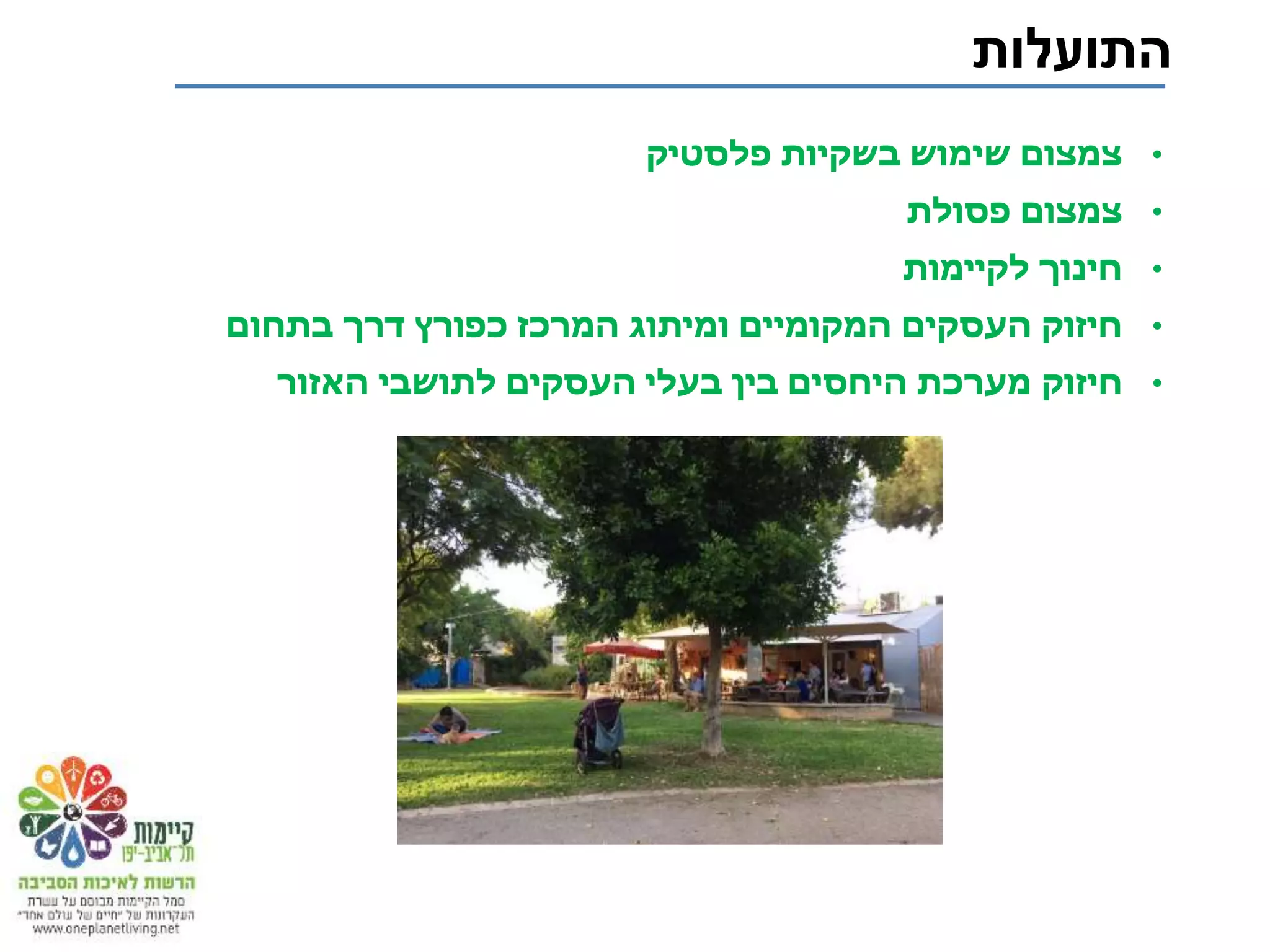 ‫התועלות‬
•‫פלסטיק‬ ‫בשקיות‬ ‫שימוש‬ ‫צמצום‬
•‫פסולת‬ ‫צמצום‬
•‫לקיימות‬ ‫חינוך‬
•‫המקומיים‬ ‫העסקים‬ ‫חיזוק‬‫ו‬‫כפורץ‬ ‫המרכז‬ ‫מיתוג‬‫דרך‬‫בתחום‬
•‫חיזוק‬‫לתושבי‬ ‫העסקים‬ ‫בעלי‬ ‫בין‬ ‫היחסים‬ ‫מערכת‬‫האזור‬
 