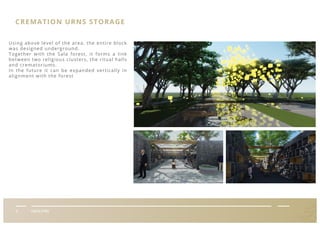V FACILITIES
CREMATION URNS STORAGE
Using above level of the area, the entire block
was designed underground.
Together with the Sala forest, it forms a link
between two religious clusters, the ritual halls
and crematoriums.
In the future it can be expanded vertically in
alignment with the forest
 
