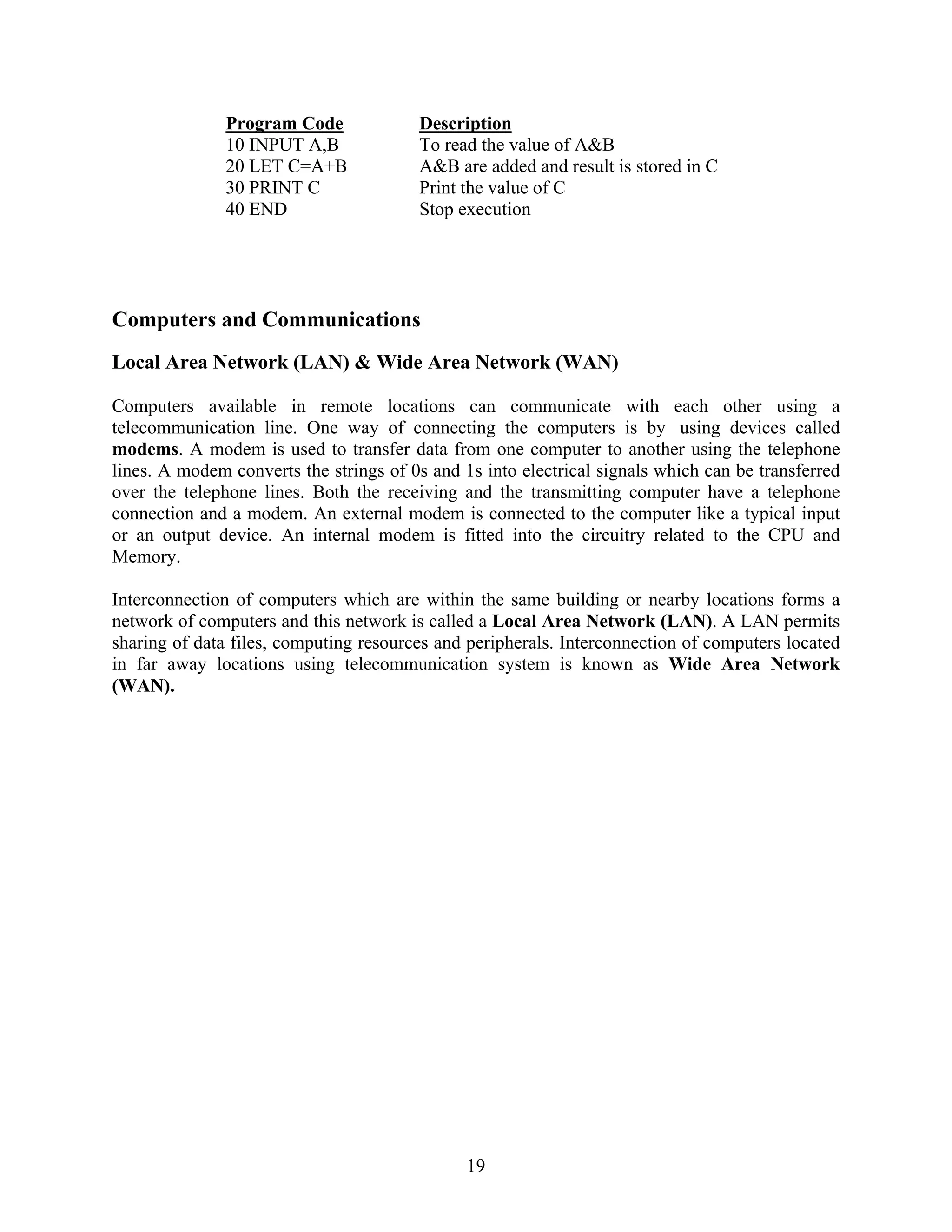 19
Program Code Description
10 INPUT A,B
20 LET C=A+B
30 PRINT C
40 END
To read the value of A&B
A&B are added and result is stored in C
Print the value of C
Stop execution
Computers and Communications
Local Area Network (LAN) & Wide Area Network (WAN)
Computers available in remote locations can communicate with each other using a
telecommunication line. One way of connecting the computers is by using devices called
modems. A modem is used to transfer data from one computer to another using the telephone
lines. A modem converts the strings of 0s and 1s into electrical signals which can be transferred
over the telephone lines. Both the receiving and the transmitting computer have a telephone
connection and a modem. An external modem is connected to the computer like a typical input
or an output device. An internal modem is fitted into the circuitry related to the CPU and
Memory.
Interconnection of computers which are within the same building or nearby locations forms a
network of computers and this network is called a Local Area Network (LAN). A LAN permits
sharing of data files, computing resources and peripherals. Interconnection of computers located
in far away locations using telecommunication system is known as Wide Area Network
(WAN).
 