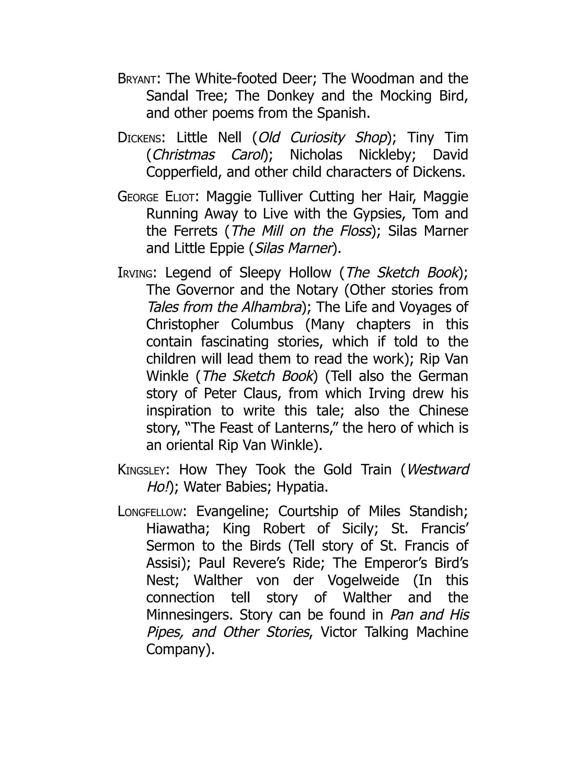 Bryant: The White-footed Deer; The Woodman and the
Sandal Tree; The Donkey and the Mocking Bird,
and other poems from the Spanish.
Dickens: Little Nell (Old Curiosity Shop); Tiny Tim
(Christmas Carol); Nicholas Nickleby; David
Copperfield, and other child characters of Dickens.
George Eliot: Maggie Tulliver Cutting her Hair, Maggie
Running Away to Live with the Gypsies, Tom and
the Ferrets (The Mill on the Floss); Silas Marner
and Little Eppie (Silas Marner).
Irving: Legend of Sleepy Hollow (The Sketch Book);
The Governor and the Notary (Other stories from
Tales from the Alhambra); The Life and Voyages of
Christopher Columbus (Many chapters in this
contain fascinating stories, which if told to the
children will lead them to read the work); Rip Van
Winkle (The Sketch Book) (Tell also the German
story of Peter Claus, from which Irving drew his
inspiration to write this tale; also the Chinese
story, “The Feast of Lanterns,” the hero of which is
an oriental Rip Van Winkle).
Kingsley: How They Took the Gold Train (Westward
Ho!); Water Babies; Hypatia.
Longfellow: Evangeline; Courtship of Miles Standish;
Hiawatha; King Robert of Sicily; St. Francis’
Sermon to the Birds (Tell story of St. Francis of
Assisi); Paul Revere’s Ride; The Emperor’s Bird’s
Nest; Walther von der Vogelweide (In this
connection tell story of Walther and the
Minnesingers. Story can be found in Pan and His
Pipes, and Other Stories, Victor Talking Machine
Company).
 