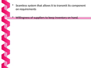 • Seamless system that allows it to transmit its component
on requirements
• Willingness of suppliers to keep inventory on hand.
 