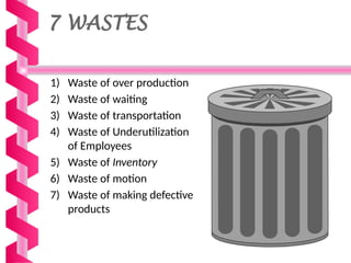 7 WASTES
1) Waste of over production
2) Waste of waiting
3) Waste of transportation
4) Waste of Underutilization
of Employees
5) Waste of Inventory
6) Waste of motion
7) Waste of making defective
products
 