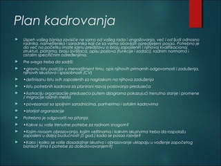Plan kadrovanja
 Uspeh vašeg biznisa zavisiće ne samo od vašeg rada i angažovanja, već i od ljudi odnosno
radnika, nameštenika i saradnika koji će sa vama obavljati opredijeljeni posao. Potrebno je
da već na početku imate jasnu predstavu o broju zaposlenih i njihovoj kvalifikacionoj
strukturi, platama, broju izvršilaca, opisu poslova (funkcije i zadaci), radnim normama i
ostalim specifičnim određenjima.
 Pre svega treba da sadrži:
 •glavnu listu pozicija u menadžment timu, opis njihovih primarnih odgovornosti i zaduženja,
njihovih iskustava i sposobnosti (CV)
 •definisanu listu svih zaposlenih sa naglaskom na njihova zaduženja
 •listu potrebnih kadrova za planirani razvoj poslovanja preduzeća
 •ilustraciju organizacije preduzeća putem dijagrama pokazujući trenutno stanje i promene
/ migracije radnih mesta
 •povezanost sa spoljnim saradnicima, partnerima i ostalim kadrovima
 •istorijat organizacije
 Potrebno je odgovoriti na pitanja:
 •Kakve su vaše trenutne potrebe za radnom snagom?
 •Kojim nivoom obrazovanja, kojim veštinama i kakvim iskustvima treba da raspolažu
zaposleni u daljoj budućnosti (5 god.) kada se posao razvije?
 •Kako i koliko se vaše dosadašnje iskustvo i obrazovanje uklapaju u vođenje započetog
biznisa? (ima li potrebe za doškolovavanjem?)
 
